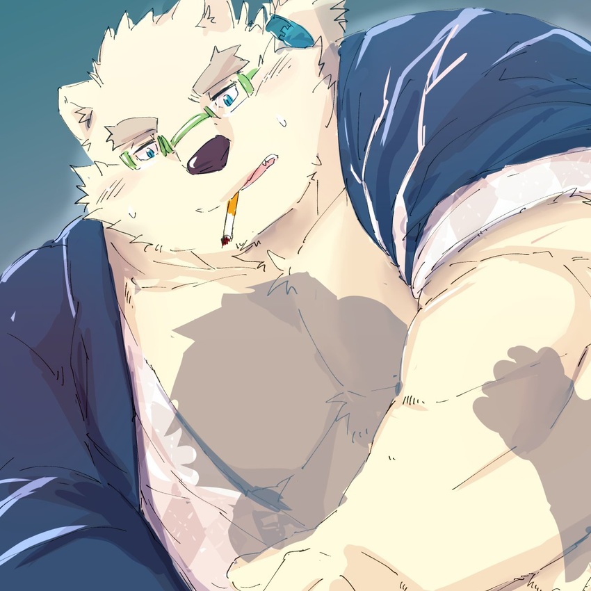 1:1 2019 anthro bear belly blue_eyes blush clothing duo eyewear fur glasses hi_res hug humanoid_hands leib_(tas) lifewonders male mammal moobs overweight overweight_male polar_bear robe smoking solo_focus tokyo_afterschool_summoners ursine white_body white_fur yuuya333