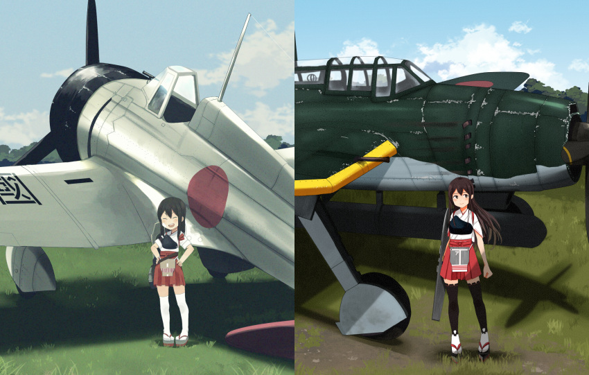 a5m age_comparison aged_down aircraft airplane akagi_(kancolle) annin_musou b7a_ryuusei bad_id bad_pixiv_id brown_eyes brown_hair cloud commentary_request flight_deck grass hakama hakama_skirt highres japanese_clothes kantai_collection long_hair multiple_girls muneate okobo outdoors red_hakama remodel_(kantai_collection) sandals short_hair skirt sky straight_hair tasuki thighhighs vehicle_focus world_war_ii