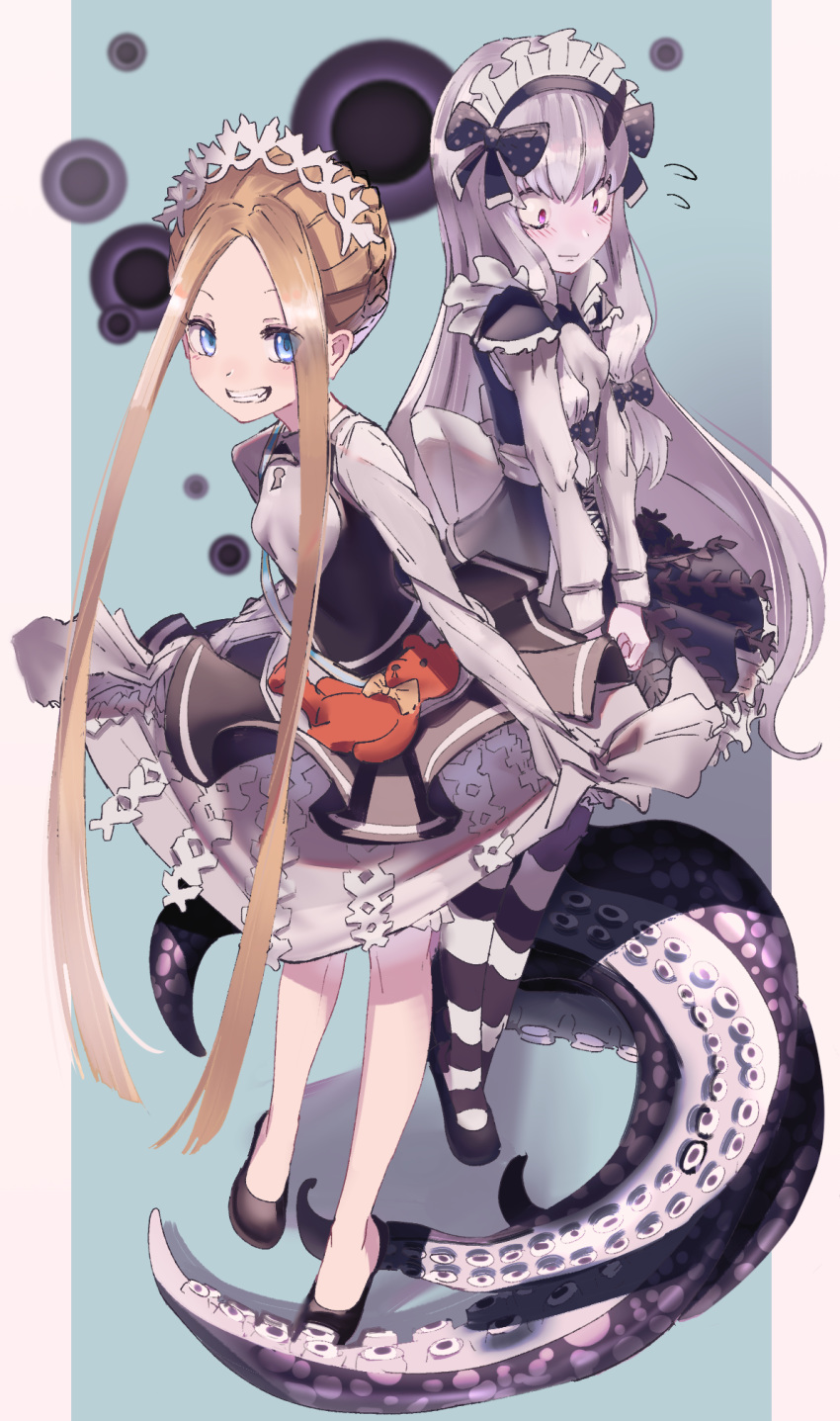 2girls abigail_williams_(fate) abigail_williams_(festival_outfit)_(fate) apron bags_under_eyes black_bow black_dress blonde_hair blue_background blue_eyes blush border bow braid closed_mouth commentary_request dress fate/grand_order fate_(series) forehead french_braid frills grey_hair grin hairbow highres horns lavinia_whateley_(fate) legs long_hair long_sleeves looking_at_viewer maid_headdress multiple_girls nakasaku-p official_alternate_costume pale_skin pantyhose parted_bangs polka_dot polka_dot_bow purple_eyes single_horn skirt sleeves_past_fingers sleeves_past_wrists smile striped_clothes striped_pantyhose stuffed_animal stuffed_toy teddy_bear tentacle very_long_hair waist_apron white_border white_skirt wide-eyed