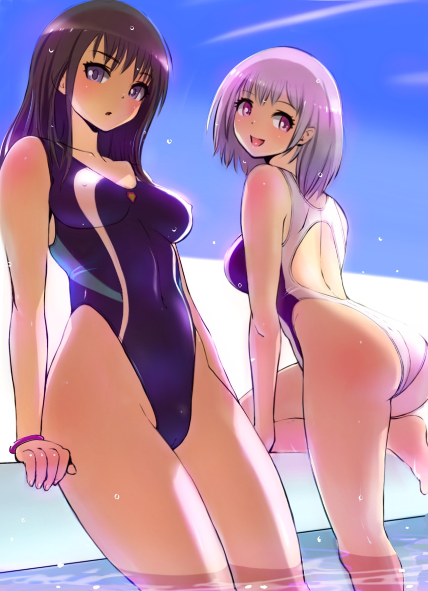 2girls black_hair blue_eyes blue_one-piece_swimsuit blue_sky breasts collarbone commentary_request competition_swimsuit contrail covered_navel covered_nipples cowboy_shot day gridman_universe highleg highleg_swimsuit highres light_purple_hair long_hair looking_at_viewer medium_breasts multiple_girls one-piece_swimsuit onsen_tengoku red_eyes shinjou_akane short_hair sky ssss.gridman standing swimsuit takarada_rikka white_one-piece_swimsuit