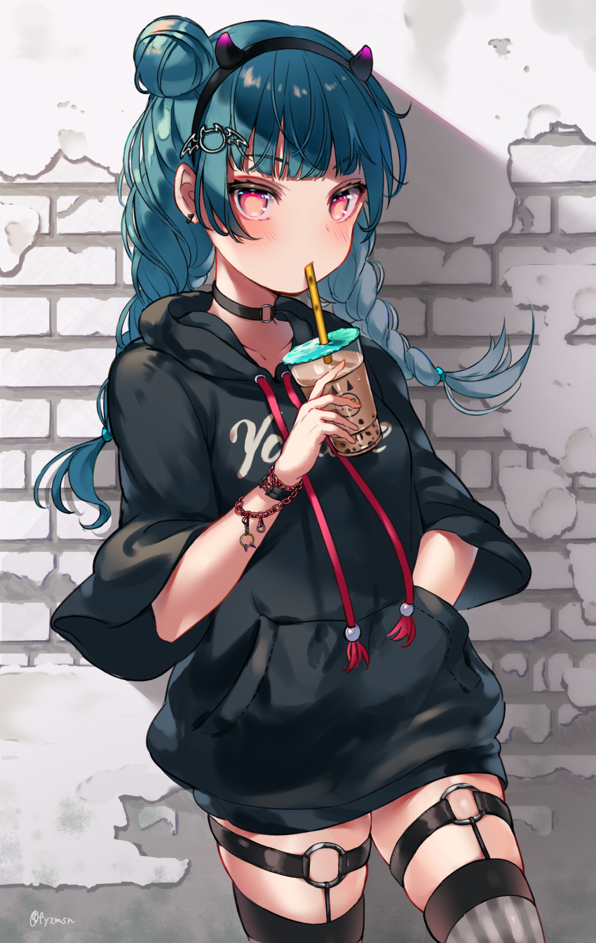 absurdres alternate_hairstyle black_hairband black_sweater blue_hair bracelet braid bubble_tea commentary_request cowboy_shot drinking drinking_straw fake_horns female floating_hair fuyuzima garter_straps grey_thighhighs hair_bun hairband hand_in_pocket highres holding horns jewelry long_hair love_live! love_live!_sunshine!! red_eyes single_hair_bun solo standing striped_clothes striped_thighhighs sweater thighhighs tsushima_yoshiko twin_braids twintails vertical-striped_clothes vertical-striped_thighhighs zettai_ryouiki