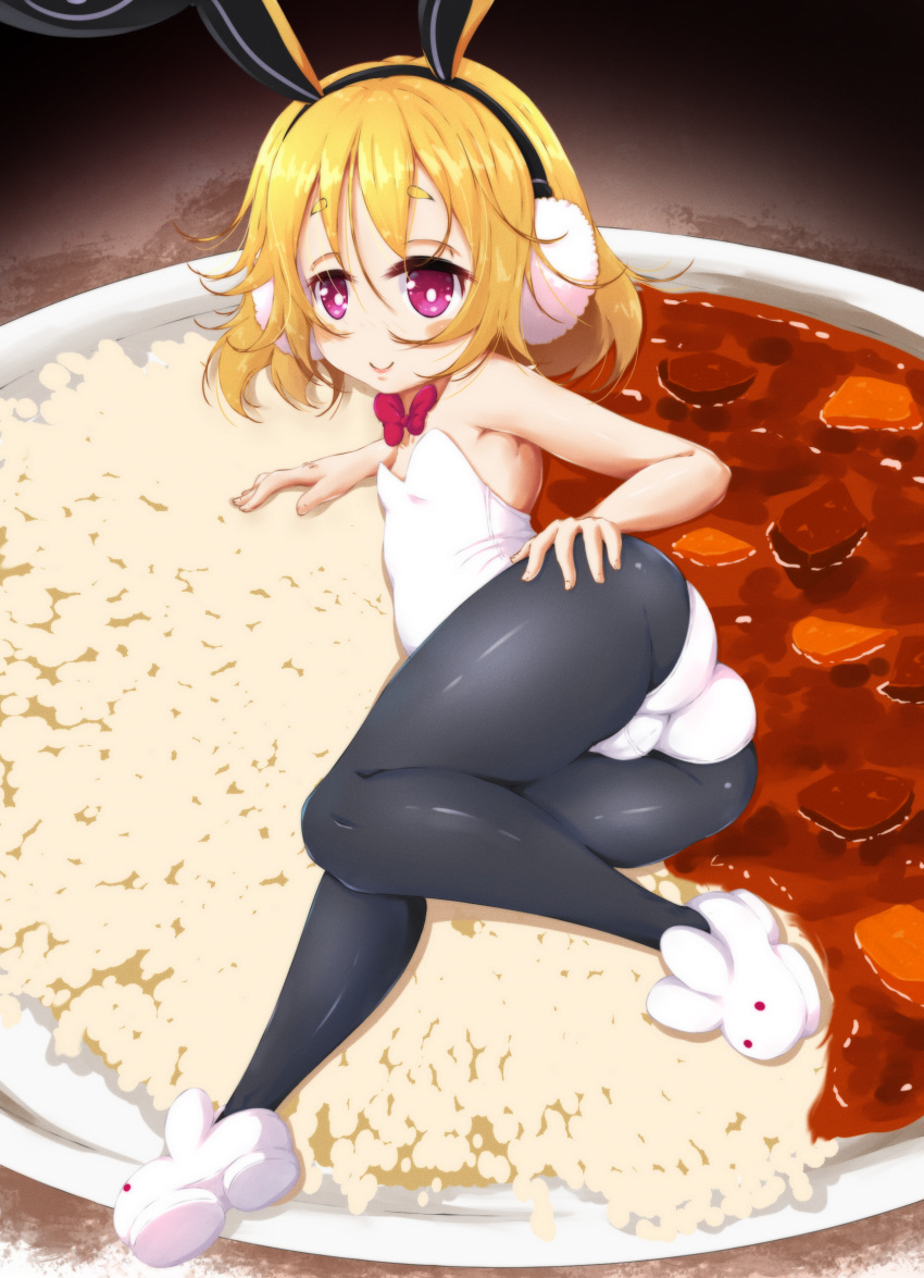 animal_ears animal_slippers ass bare_shoulders black_pantyhose blonde_hair blush_stickers bow bunny_slippers commentary curry curry_rice detached_collar disgaea earmuffs english_commentary ether_core fake_animal_ears fat_mons female flat_chest food from_behind full_body hand_on_own_hip highres in_food leotard looking_at_viewer looking_back lying makai_senki_disgaea_5 messy_hair mini_person minigirl no_nose on_side pantyhose playboy_bunny purple_eyes rabbit_earmuffs rabbit_ears rabbit_tail red_eyes rice shiny_skin short_eyebrows short_hair slippers smile solo strapless strapless_leotard tail thick_eyebrows trefoil usalia_(disgaea) white_footwear white_leotard wrist_cuffs