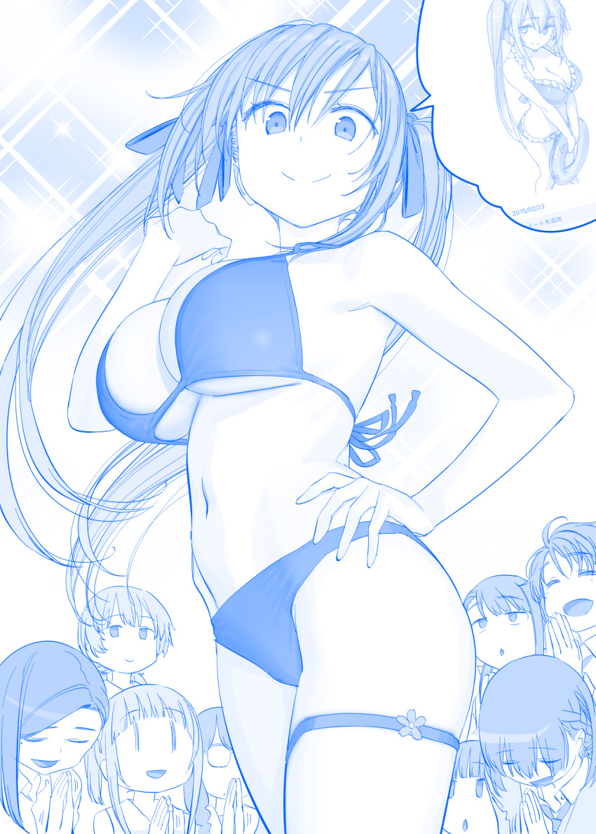 6+girls ai-chan's_sister_(tawawa) ai-chan_(tawawa) bikini blue_theme breasts cheer-chan_(tawawa) cleavage commentary doyagao getsuyoubi_no_tawawa gimai-chan_(tawawa) glasses hand_on_own_hip highres himura_kiseki hokuro-chan_(tawawa) jitome-chan_(tawawa) kouhai-chan_(tawawa) large_breasts long_hair mole mole_under_eye mole_under_mouth monochrome multiple_girls navel open_mouth own_hands_clasped own_hands_together shiso-chan_(tawawa) short_hair smile smug swimsuit thigh_strap twintails underboob volley-bu-chan_(tawawa)