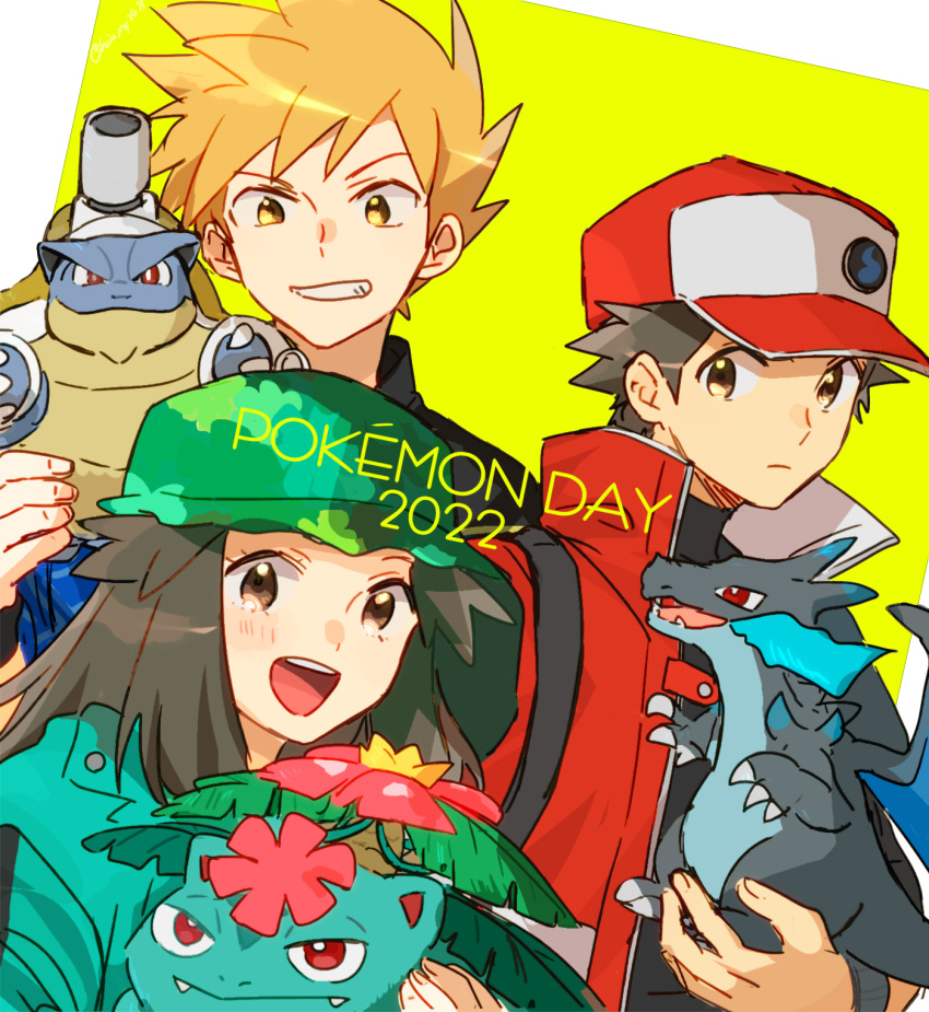 2022 2boys anniversary baseball_cap blastoise blue_jacket blue_oak blue_oak_(sygna_suit) brown_eyes brown_hair buttons character_doll charizard closed_mouth coat commentary_request copyright_name doll female green_headwear green_jacket grin hat highres hinata_(ryohinata) holding holding_doll jacket leaf_(pokemon) leaf_(sygna_suit)_(pokemon) looking_at_viewer mega_blastoise mega_charizard_x mega_pokemon mega_venusaur multiple_boys official_alternate_costume pokemon pokemon_(creature) pokemon_masters_ex red_(pokemon) red_(sygna_suit)_(pokemon) red_coat red_headwear short_hair sleeveless sleeveless_coat smile spiked_hair strap venusaur