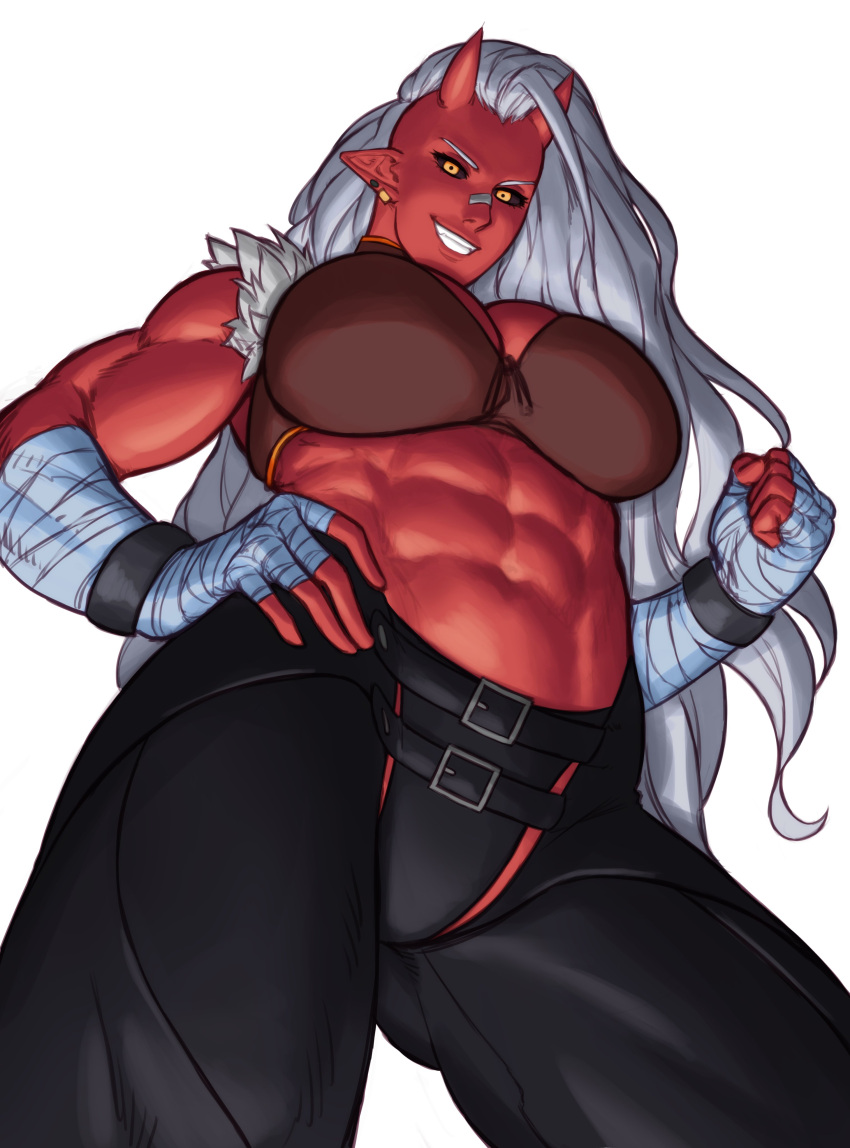 1girls abs absurd_res big_breasts black_sclera crotchless female female_only horns long_hair looking_at_viewer looking_back muscular muscular_female oni oni_horns pointy_ears red-skinned_female red_skin smiling smiling_at_viewer solo sotcho teeth_showing viewed_from_below white_background white_hair wrapped_hands yellow_eyes