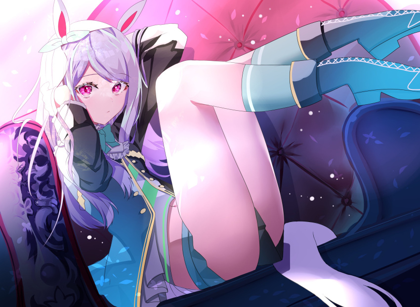 animal_ears black_footwear boots commentary ear_ribbon female from_side green_socks highres horse_ears horse_girl horse_tail long_hair looking_at_viewer looking_to_the_side mejiro_mcqueen_(umamusume) midriff_peek navel purple_eyes purple_hair sho_(runatic_moon) socks solo swept_bangs tail thighs umamusume