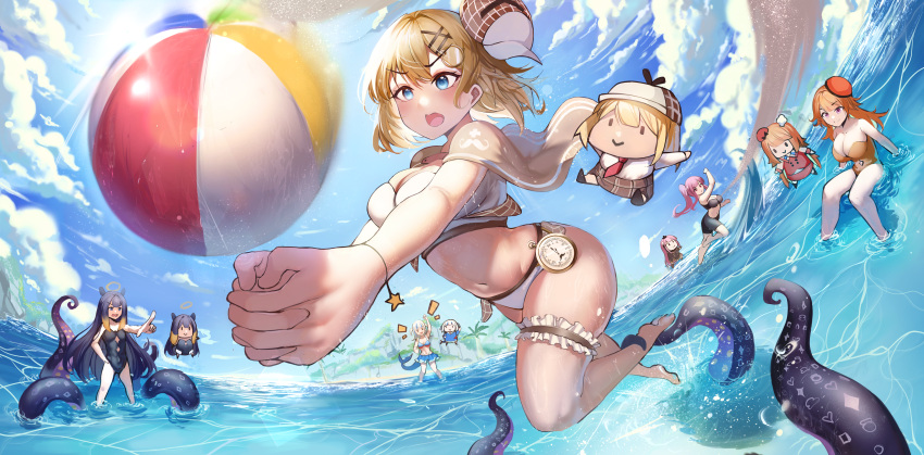 5girls absurdres ball beach beachball bikini blonde_hair blue_eyes blue_hair breasts brown_cape cape casual_one-piece_swimsuit compass gawr_gura hair_ornament halo highres hololive hololive_english holomyth large_breasts long_hair midriff mori_calliope multicolored_hair multiple_girls navel ninomae_ina'nis ocean octopus one-piece_swimsuit open_mouth orange_hair outdoors panyo pink_hair ponytail purple_hair smol_ame smol_calli smol_gura smol_ina smol_kiara stomach swimsuit takanashi_kiara tentacle virtual_youtuber watson_amelia white_hair x_hair_ornament