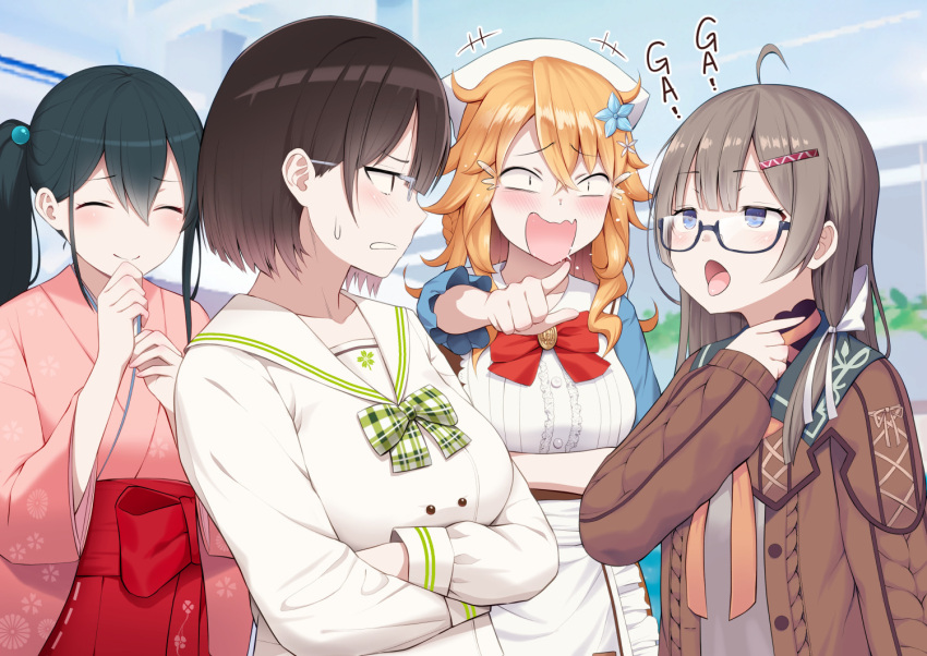 4girls ahoge annoyed apron arm_under_breasts black-framed_eyewear black_hair blue_eyes blush bob_cut bow bowtie breasts brown_cardigan brown_eyes brown_hair candy cardigan center_frills chocolate clenched_teeth closed_eyes closed_mouth crossed_arms crying crying_with_eyes_open diisuke flower food frills glasses hair_flower hair_ornament hairclip heart heart-shaped_chocolate japanese_clothes kataribe_tsumugu kimono large_breasts laughing long_hair long_sleeves looking_at_another multiple_girls neck_ribbon nijisanji onomachi_haruka onomachi_haruka_(3rd_costume) open_mouth orange_hair orange_ribbon otogibara_era outdoors pink_kimono plaid plaid_bow pointing red_skirt ribbon sailor_collar sash school_uniform semi-rimless_eyewear seto_miyako seto_miyako_(1st_costume) short_hair skirt smile sweatdrop tears teeth tongue tongue_out under-rim_eyewear upper_body virtual_youtuber wavy_mouth white_apron white_sailor_collar