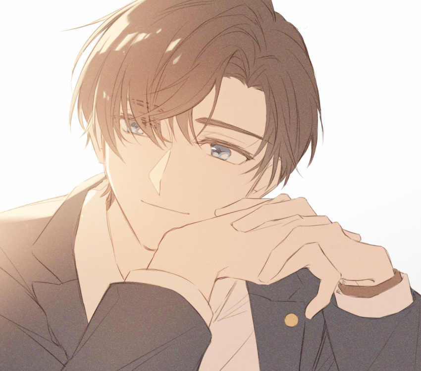 1boy artem_wing_(tears_of_themis) black_jacket blue_eyes brown_hair close-up closed_mouth jacket koeda_(k83_4) long_sleeves male_focus polo_shirt short_hair simple_background smile solo tears_of_themis watch white_background wristwatch