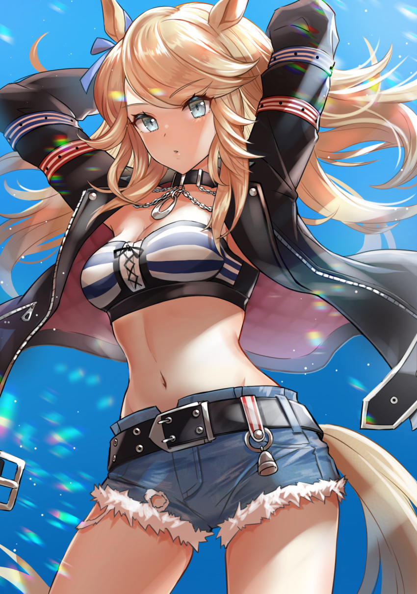 :o animal_ears armpit_peek arms_behind_head arms_up bandeau bell belt belt_buckle black_choker black_jacket blonde_hair blue_eyes blue_shorts breasts buckle choker cleavage contrapposto cowboy_shot crop_top cutoffs denim denim_shorts female floating_hair gold_city_(umamusume) highres horse_ears horse_girl horse_tail jacket jewelry kiki-yu long_hair long_sleeves looking_at_viewer medium_breasts midriff navel necklace open_clothes open_jacket parted_lips short_shorts shorts solo sports_bra stomach strapless studded_belt tail tube_top umamusume