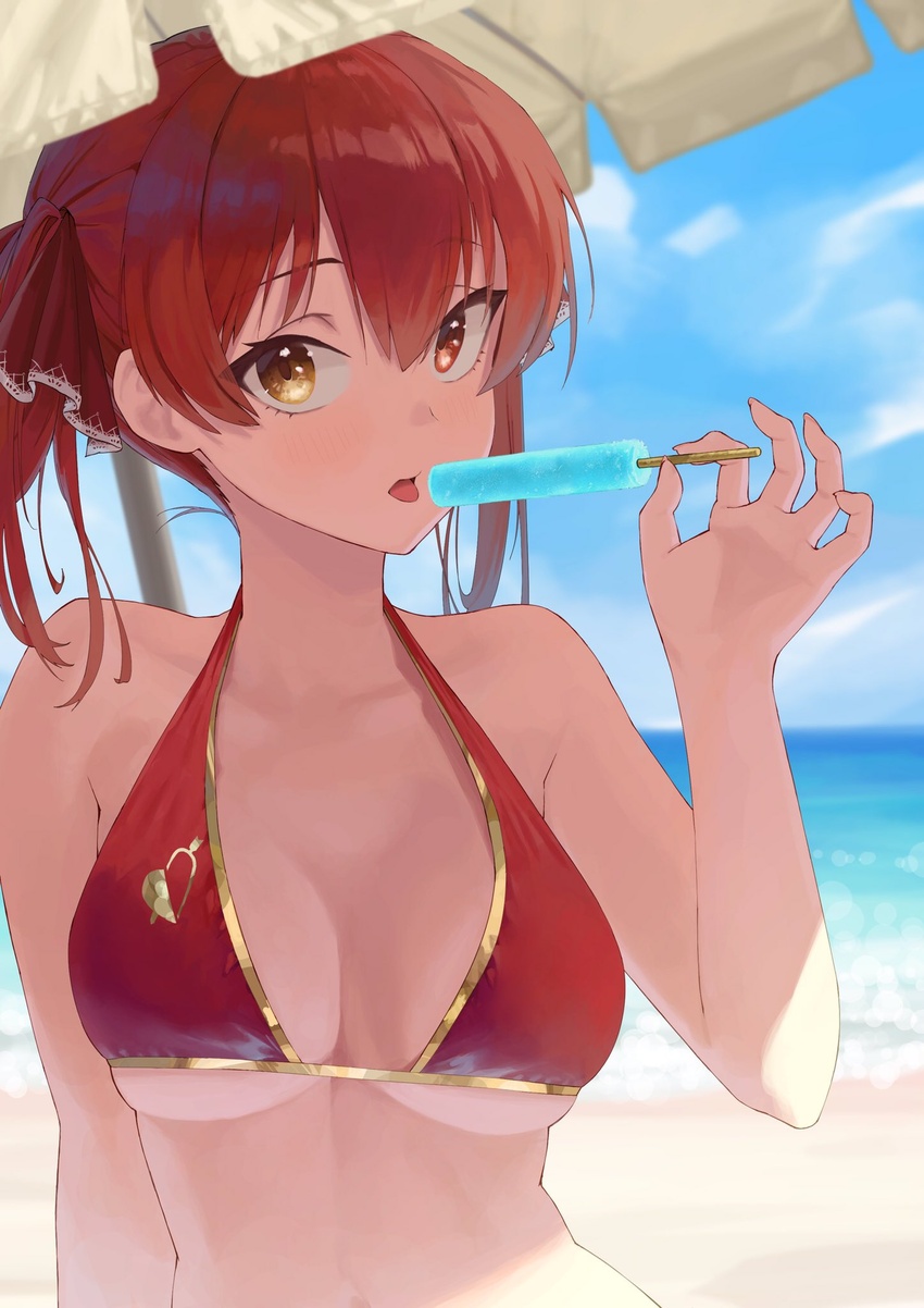 beach beach_umbrella bikini breasts day female food hair_ribbon halterneck heterochromia highres holding holding_food hololive houshou_marine houshou_marine_(summer) long_hair looking_at_viewer makimaki_makky7 medium_breasts official_alternate_costume outdoors popsicle red_bikini red_eyes red_hair ribbon shade solo strap_gap swimsuit tongue twintails umbrella upper_body virtual_youtuber yellow_eyes