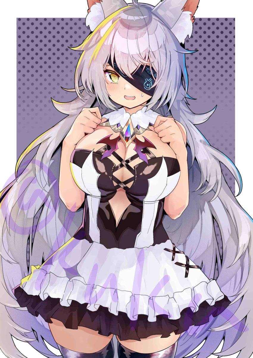 absurdres animal_ears black_thighhighs breasts cleavage dress eyepatch female fox_ears fox_tail frilled_dress frills grey_hair highres kuka large_breasts long_hair original solo tail thighhighs very_long_hair yellow_eyes