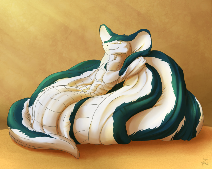 2020 apode coiled_up draconcopode green_body hands_behind_head legless lying lying_on_self male naga nude orange_background relaxing reptile scalie serpentine simple_background snake snake_hood solo white_body yellow_eyes zarakon zarakon_(character)