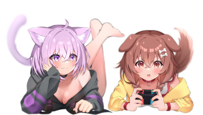 2girls ahoge animal_ears barefoot braid breasts brown_eyes brown_hair cat_ears cat_tail cleavage collar dog_ears dog_tail highres hololive hood hoodie inugami_korone inugami_korone_(1st_costume) lying multiple_girls nekomata_okayu nekomata_okayu_(1st_costume) nintendo_switch no_bra on_stomach playing_games purple_eyes purple_hair tail takumin_dx the_pose twin_braids virtual_youtuber white_background yellow_nails