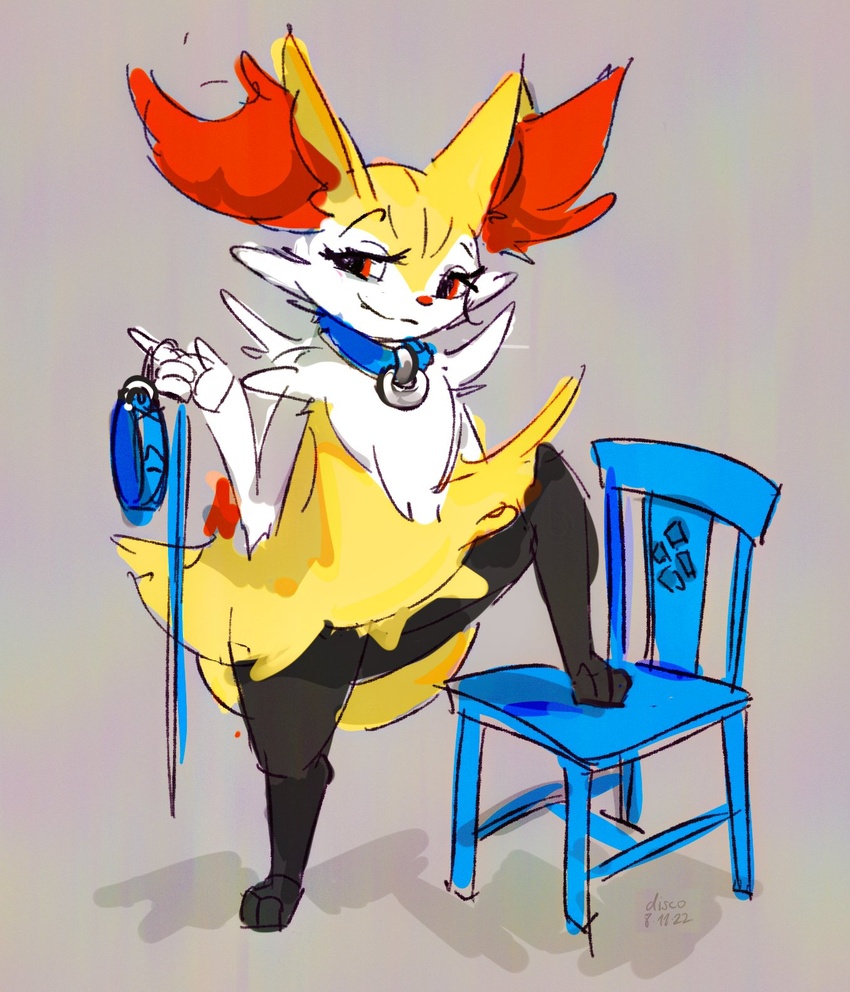 ambiguous_gender anthro black_body black_paws blue_chair blue_collar blue_leash braixen canid canine chair collar collar_only collar_ring discocci foot_on_chair fur furniture generation_6_pokemon grey_background hi_res holding_leash holding_object inner_ear_fluff leash looking_at_viewer mammal multicolored_body multicolored_fur nintendo nude occi on_chair pokemon pokemon_(species) red_body red_eyes red_fur red_inner_ear_fluff shadow simple_background smile solo tuft white_body white_fur wood wood_chair wood_furniture yellow_body yellow_ears yellow_fur