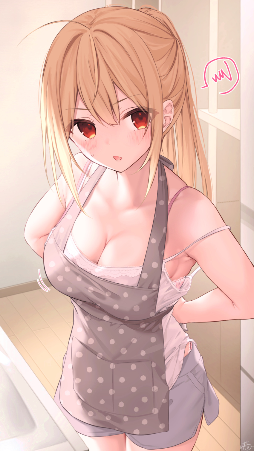 apron bad_id bad_pixiv_id black_apron blonde_hair blonde_hair-chan_(ramchi) blush breasts cleavage collarbone commentary_request female highres large_breasts long_hair looking_at_viewer oerba_yun_fang open_mouth original polka_dot polka_dot_apron ponytail ramchi red_eyes signature solo underwear