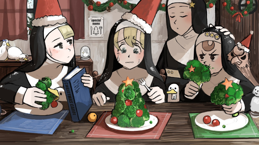 4girls :> ^_^ bird blonde_hair blue_bow blue_eyes book bow broccoli brown_hair carrot chair cheating_(competitive) chicken christmas_ornaments christmas_tree christmas_wreath closed_eyes clumsy_nun_(diva) commentary covering_privates crying curtains diva_(hyxpk) drawer drooling duck eating english_commentary food fork froggy_nun_(diva) fruit garland_(decoration) habit hairbow hand_on_another's_head hat head_out_of_frame highres holding holding_book holding_food holding_fork little_nuns_(diva) mandarin_orange melting mouse_(animal) mouse_tail multiple_girls nervous_sweating nun ostrich peas peeping pinecone placemat plate poster_(object) puddle red_bow ribbon santa_hat scared silhouette snow snow_globe snowman spicy_nun_(diva) star_(symbol) star_nun_(diva) sticker sweat sweatdrop table tail tears tomato traditional_nun vegetable window wooden_door wooden_table wreath