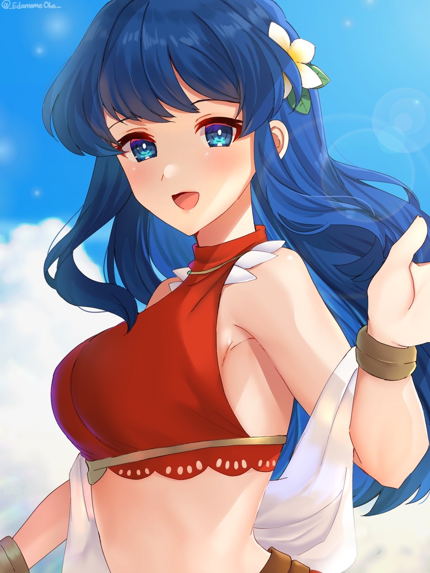 :d bare_shoulders bikini blue_eyes blue_hair blue_sky bracelet breasts caeda_(fire_emblem) caeda_(summer)_(fire_emblem) cloud commentary_request edamameoka female fire_emblem fire_emblem:_mystery_of_the_emblem fire_emblem_heroes flower hair_flower hair_ornament highres jewelry long_hair looking_at_viewer official_alternate_costume open_mouth red_bikini sky smile solo swimsuit upper_body