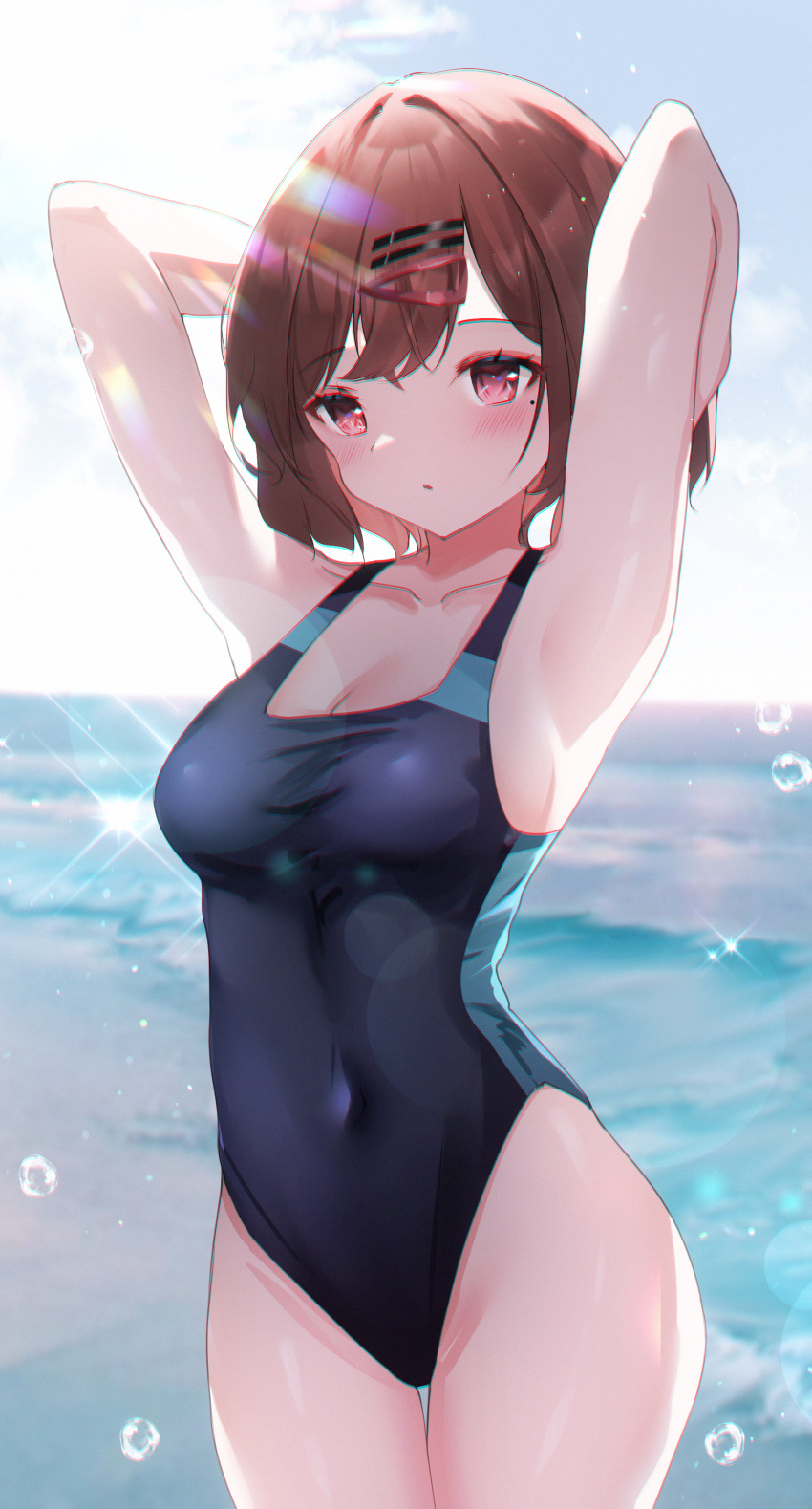 absurdres arms_behind_head black_one-piece_swimsuit blue_archive breasts brown_hair competition_swimsuit cosplay covered_navel cowboy_shot female highleg highleg_swimsuit highres higuchi_madoka horizon idolmaster idolmaster_shiny_colors low_ponytail medium_breasts mole mole_under_eye multicolored_clothes multicolored_swimsuit ocean one-piece_swimsuit shiroko_(blue_archive) shiroko_(blue_archive)_(cosplay) shiroko_(swimsuit)_(blue_archive) short_hair solo swept_bangs swimsuit usagi_(786113654)