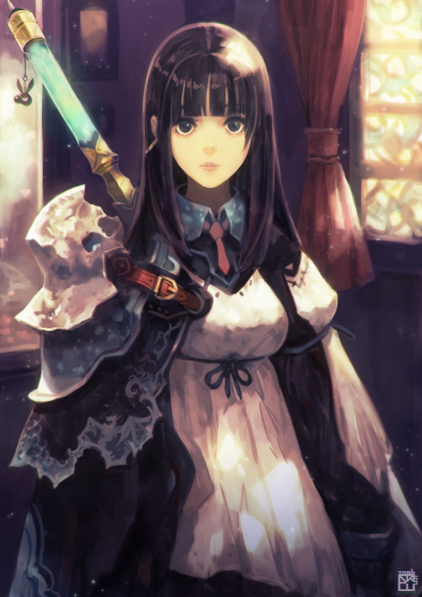 absurdres armor black_hair blue_eyes blunt_bangs female highres indoors long_hair looking_at_viewer okuto original painterly shoulder_armor solo weapon weapon_on_back