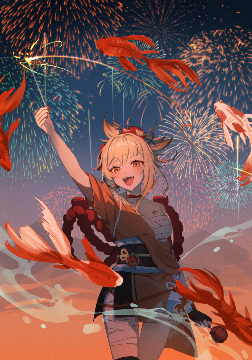 arm_up asymmetrical_hair back_bow bandaged_leg bandages black_gloves blonde_hair blush bow breast_tattoo breasts butterfly_choker candy_apple cleavage clothes_down commentary cowboy_shot female fingerless_gloves fireworks flower_tattoo food genshin_impact gloves hair_ornament high_ponytail highres holding holding_food japanese_clothes kimono koi large_bow looking_at_viewer medium_breasts medium_hair miz_(mi) mountain obi obiage obijime off_shoulder open_mouth orange_eyes outdoors pendant_choker red_nails sarashi sash short_ponytail short_sleeves sidelocks single_glove smile solo standing symbol-only_commentary tattoo teeth tongue vision_(genshin_impact) yoimiya_(genshin_impact)