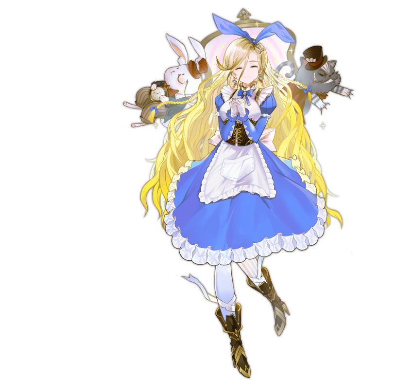 alice_(ark_order) animal_ears apron ark_order asymmetrical_legwear back_bow bandaged_leg bandages blonde_hair blue_bow blue_dress book boots bow bowtie braid brown_footwear center_frills closed_eyes closed_mouth corset crown cup dress dual_wielding earrings fake_animal_ears feline female fire food frilled_dress frills full_body hat holding holding_sword holding_weapon jewelry juliet_sleeves long_hair long_sleeves mini_crown mismatched_legwear monocle official_art pantyhose pocket_watch pppppan puffy_sleeves rabbit rabbit_ears shirt skirt smile solo spade_(shape) striped_clothes striped_pantyhose sword tachi-e top_hat transparent_background variant_set vertical-striped_clothes vertical-striped_pantyhose very_long_hair watch weapon white_apron white_bow white_shirt