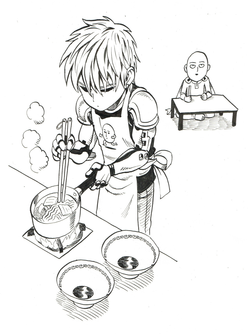 2boys absurdres android apron bald barefoot black_sclera bowl cape chopsticks closed_mouth colored_sclera cooking earrings genos greyscale highres holding holding_chopsticks indian_style jewelry kotatsu male_focus mechanical_arms monochrome multiple_boys murata_yuusuke official_art one-punch_man pot saitama_(one-punch_man) scan simple_background sitting smile table traditional_media white_background