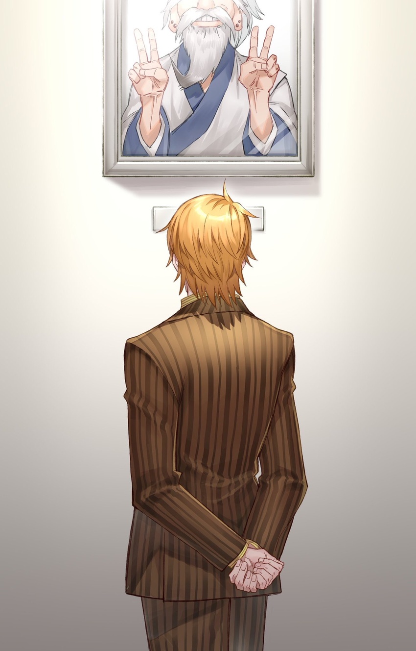 1boy arms_behind_back blonde_hair formal framed framed_image from_behind highres hunter_x_hunter isaac_netero looking_up male_focus pariston_hill solo sss14sana suit