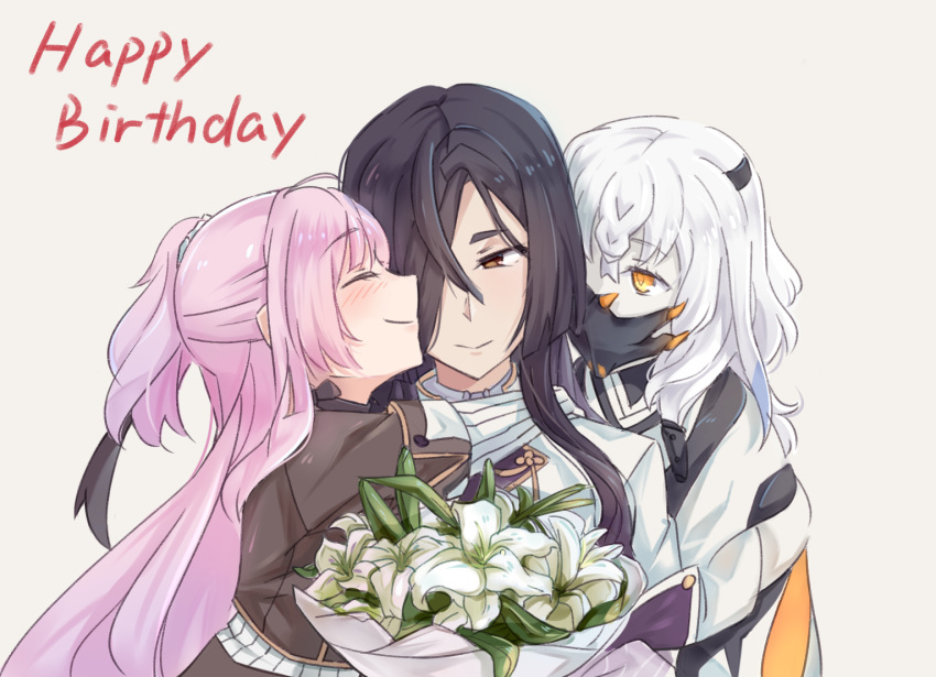 3girls ahoge auo123 bad_id bad_pixiv_id beige_background black_choker black_hair blush bouquet brown_eyes choker closed_eyes closed_mouth flower hair_over_one_eye happy_birthday holding holding_bouquet hug ichikishimahime long_hair looking_at_another multiple_girls origami_yukari pink_hair ponytail simple_background sleeves_rolled_up smile toji_no_miko tsubakuro_yume white_flower white_hair yellow_eyes yuri