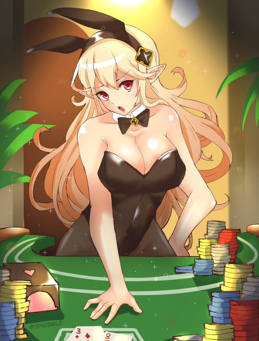 1340smile :o absurdres alternate_costume animal_ears artist_name black_bow black_bowtie blackjack_table blonde_hair bow bowtie breasts card cleavage corrin_(female)_(fire_emblem) corrin_(fire_emblem) detached_collar english_commentary fake_animal_ears female fire_emblem fire_emblem_fates hair_between_eyes highres large_breasts leaning_forward leotard open_mouth pantyhose playboy_bunny playing_card pointy_ears poker_chip poker_table rabbit_ears red_eyes solo table