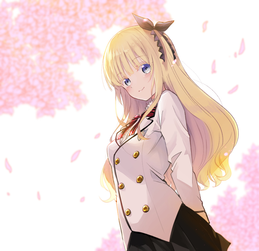 arm_behind_back black_ribbon black_skirt blazer blonde_hair blue_eyes blurry blurry_background blush bow breasts cherry_blossoms closed_mouth commentary_request dahlia_academy_boarding_school_uniform depth_of_field dutch_angle female flower hair_ribbon highres jacket juliet_persia kishuku_gakkou_no_juliet long_hair long_sleeves looking_at_viewer natsupa petals pink_flower pleated_skirt red_bow ribbon school_uniform skirt small_breasts smile solo striped striped_bow very_long_hair white_background white_jacket