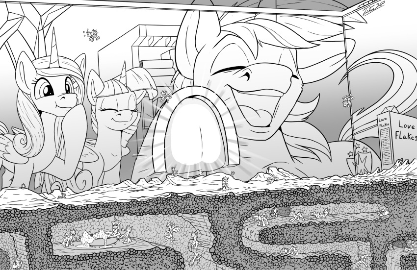 alicorn arthropod bath bubble changeling drone_(mlp) equid equine female flying friendship_is_magic group hasbro heart_symbol hi_res hooves horn large_group male mammal micro monochrome my_little_pony mythological_creature mythological_equine mythology princess_cadance_(mlp) shining_armor_(mlp) terrarium tsitra360 tunnel underground unicorn vivarium wings