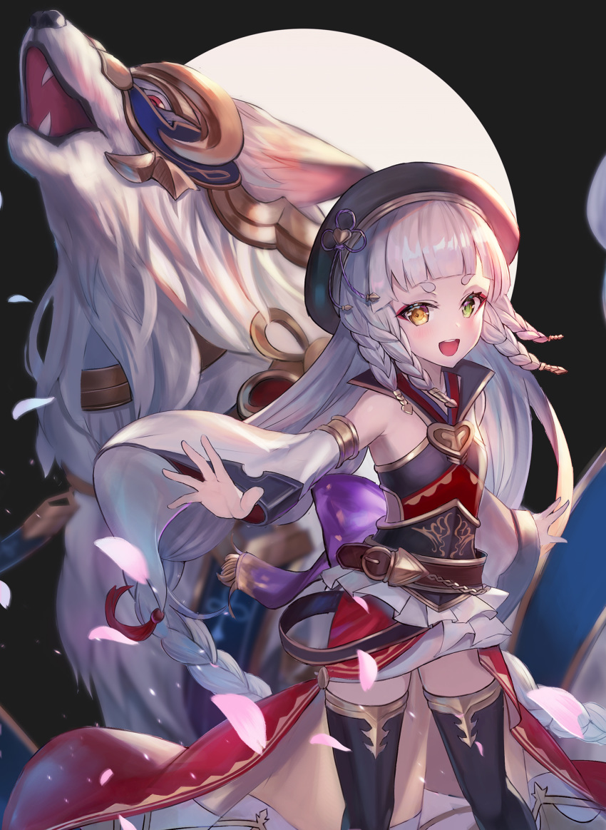 :d beret braid commentary_request detached_sleeves erune female granblue_fantasy hakutaku_(granblue_fantasy) hat heterochromia highres howling long_hair open_mouth petals pholia sachi_(160332) smile solo standing thick_eyebrows thighhighs very_long_hair white_hair wide_sleeves