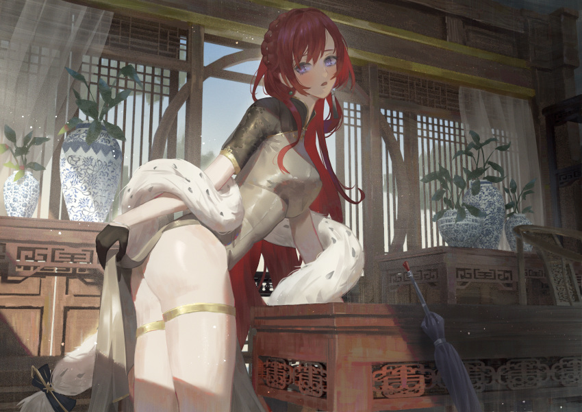 absurdres ass azur_lane black_gloves blush braid breasts china_dress chinese_clothes cirilla_lin commentary dress female gloves hair_bun hair_ornament highres indoors jewelry large_breasts long_hair looking_at_viewer monarch_(azur_lane) monarch_(black_gerard)_(azur_lane) official_alternate_costume photoshop_(medium) plant purple_eyes red_hair revision scenery sidelocks single_hair_bun solo umbrella