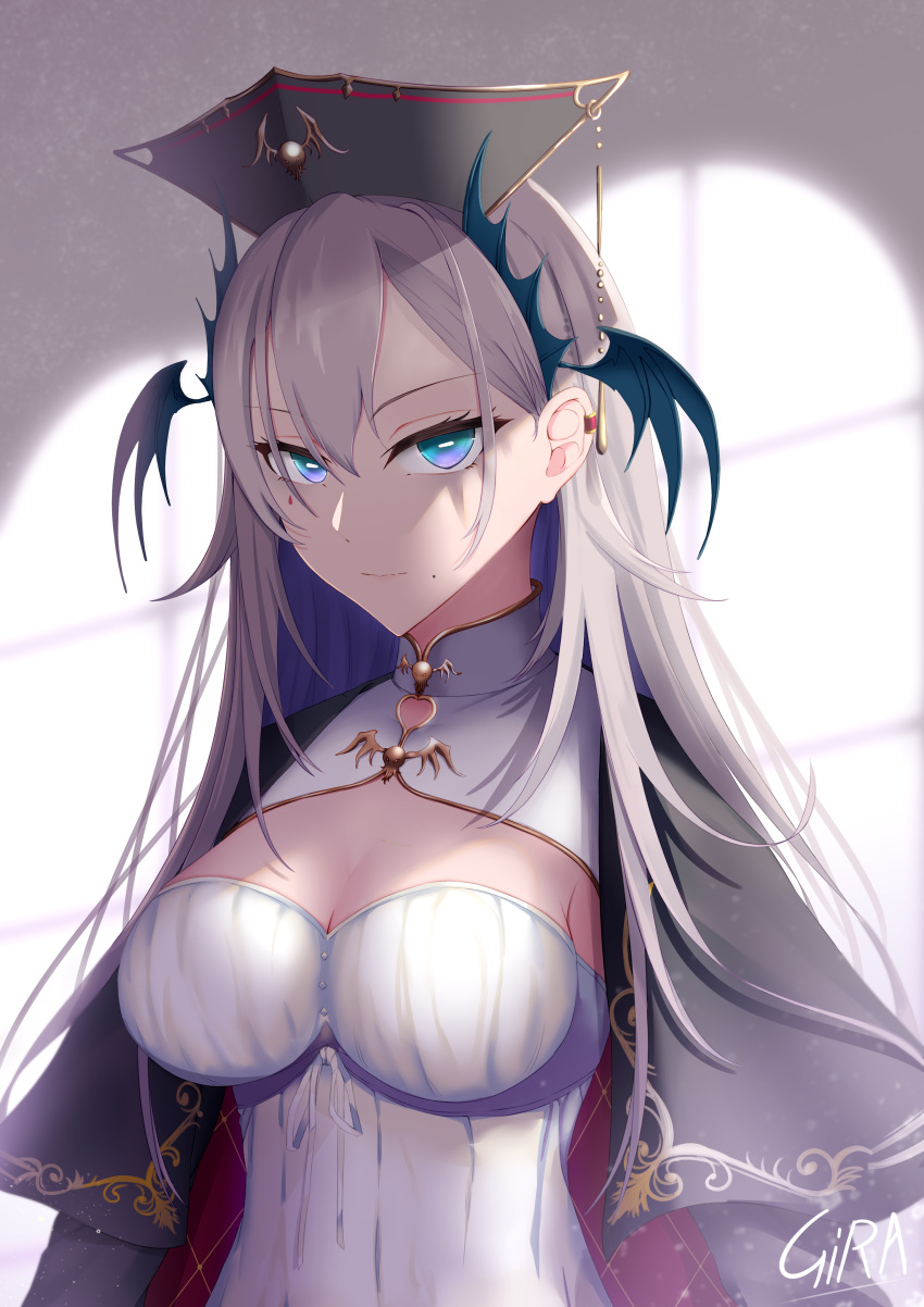 absurdres artist_name black_cape black_headwear blue_eyes breasts bright_pupils cape cleavage cleavage_cutout closed_mouth clothing_cutout dress female girarikyo head_wings highres horizontal_pupils indie_virtual_youtuber large_breasts long_hair mole mole_under_mouth pochimaru_(vtuber) pochimaru_(vtuber)_(4th_costume) ribbon solo teardrop_facial_mark virtual_youtuber white_dress white_pupils white_ribbon wings