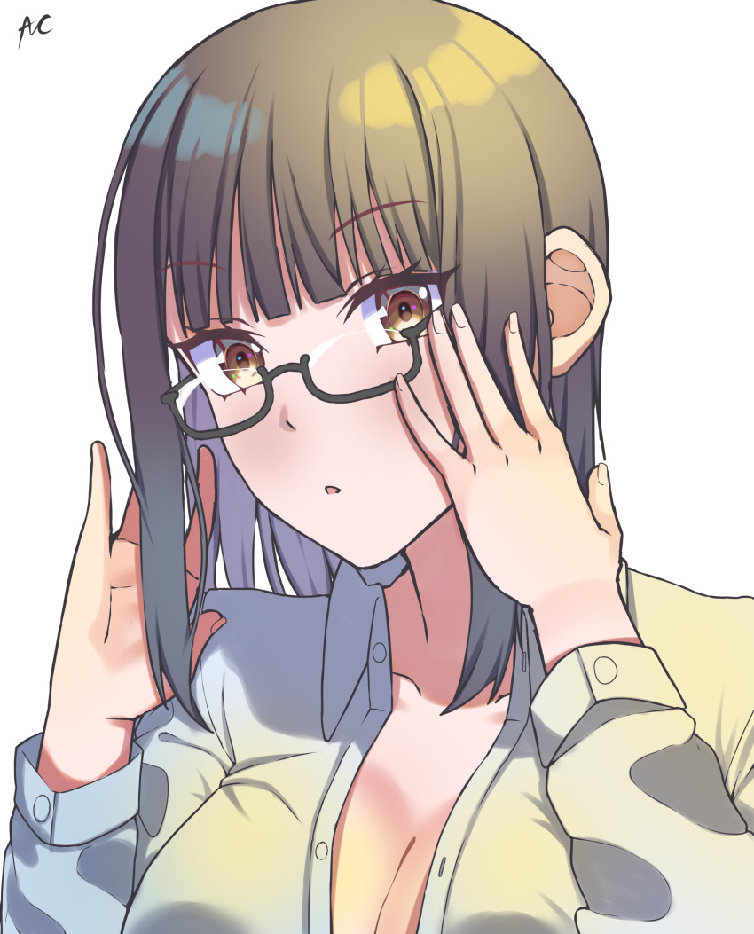 absurdres adjusting_eyewear black_hair blunt_bangs breasts cleavage collared_shirt female fujimiya_sumika_(isekai_ojisan) glasses hands_up highres isekai_ojisan large_breasts looking_at_viewer partially_unbuttoned semi-rimless_eyewear shirt simple_background solo thearkhalis triangle_mouth under-rim_eyewear upper_body white_background white_shirt yellow_eyes