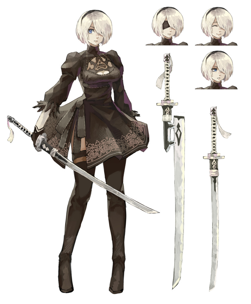 2b_(nier:automata) absurdres black_dress blindfold blue_eyes boots dress expressions female hair_over_one_eye hairband highres holding holding_sword holding_weapon katana mole mole_under_mouth multiple_views nier:automata nier_(series) parody parted_lips reference_sheet short_hair smile style_parody subakeye sword thigh_boots thighhighs weapon white_background white_hair