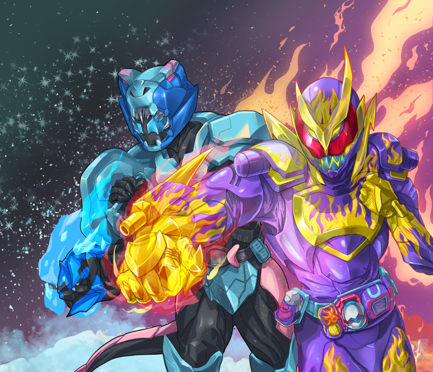 2boys animal_hood armor barid_rex barid_rex_vistamp barid_vice blizzard blue_armor blue_eyes bodysuit clenched_hands demon_boy egg extra_eyes flame_print gloves gold_horns highres hood huujyu ice kamen_rider kamen_rider_revi kamen_rider_revice kamen_rider_vice male_focus multiple_boys purple_armor purple_bodysuit red_eyes revice_driver revision rex_genome rider_belt sharp_teeth teeth vistamp volcano_genome volcano_rex yellow_eyes yellow_gloves