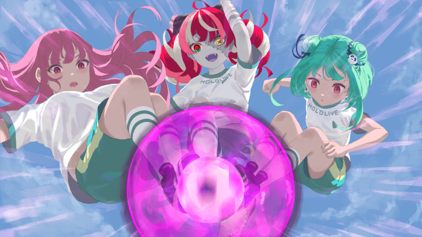 3girls :d :o action alternate_costume ball bandaged_arm bandages black_bow blue_sky bow breasts colored_skin double_bun drop_kick fangs flat_chest flying_kick frilled_bow frills green_eyes green_hair green_shorts grey_skin hair_bun hair_ornament hairbow highres hololive hololive_english hololive_indonesia inazuma_eleven inazuma_eleven_(series) jumping kicking kureiji_ollie laing large_breasts long_hair medium_hair mori_calliope multiple_girls open_mouth parody patchwork_skin pink_eyes pink_hair playing_sports red_eyes red_hair shirt shorts skull_hair_ornament sky smile soccer_ball soccer_uniform socks sportswear stitched_arm stitched_face stitches symbol-shaped_pupils t-shirt uruha_rushia very_long_hair virtual_youtuber white_legwear white_shirt yellow_eyes zombie