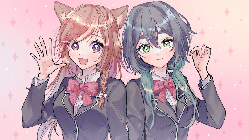 2girls :3 alternate_costume animal_ear_fluff animal_ears black_jacket blazer bow collared_shirt commission green_eyes hazumi_aileen head_tilt highres indie_virtual_youtuber jacket lion_ears lion_girl looking_at_viewer low_twintails multiple_girls oerba_yun_fang open_hand open_mouth purple_eyes red_bow rn_(kicakabe) saki.exe school_uniform second-party_source shirt skeb_commission smile twintails upper_body virtual_youtuber waving white_shirt