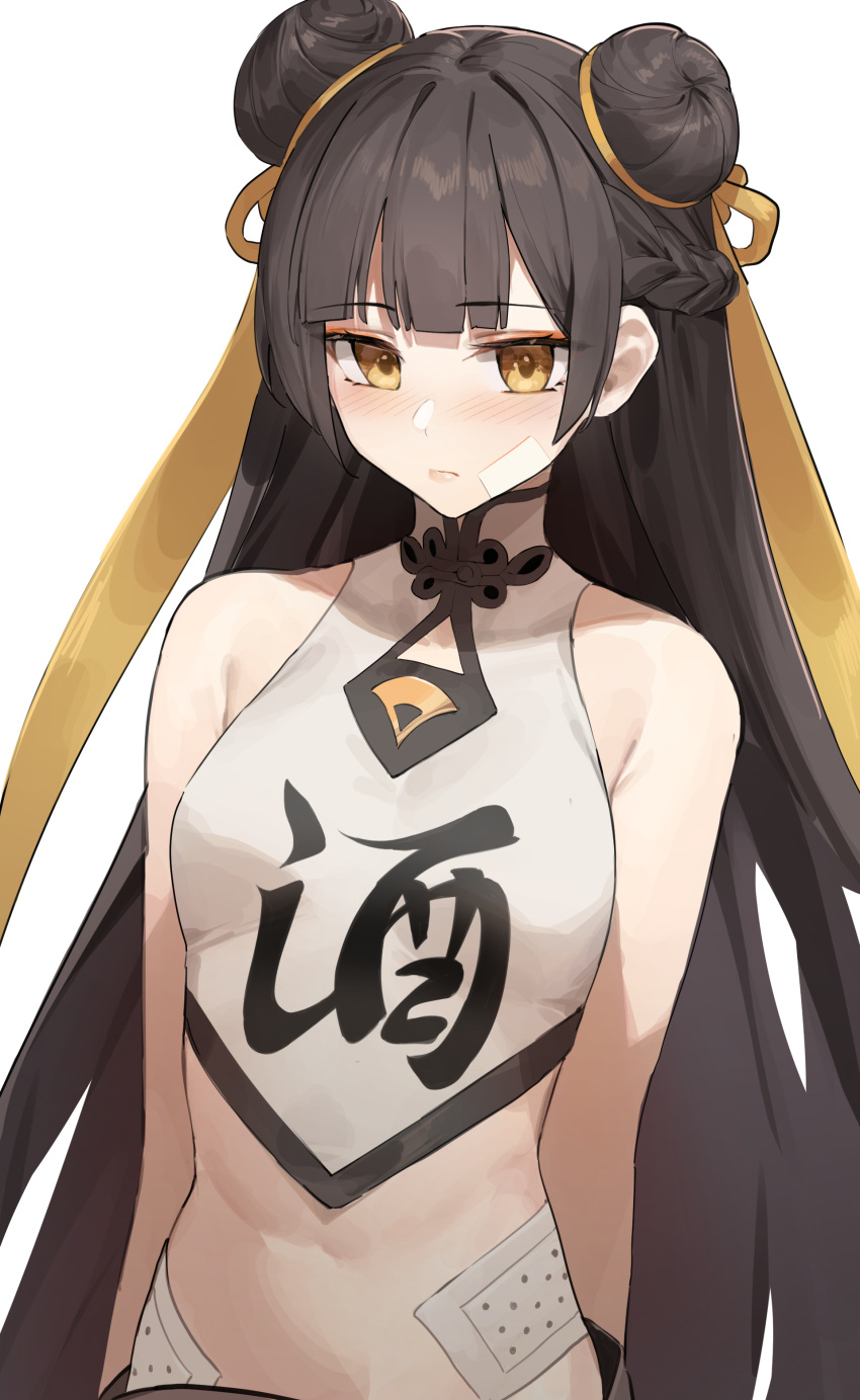 absurdres bandaid bandaid_on_face black_hair black_survival blush breasts chinese_clothes closed_mouth commentary cooling_pad crop_top double_bun eyebrows_visible_through_hair female hair_ribbon highres li_dailin lips long_hair looking_at_viewer medium_breasts midriff ribbon shirt simple_background sleeveless sleeveless_shirt solo star741 straight_hair upper_body white_background white_shirt yellow_eyes yellow_ribbon