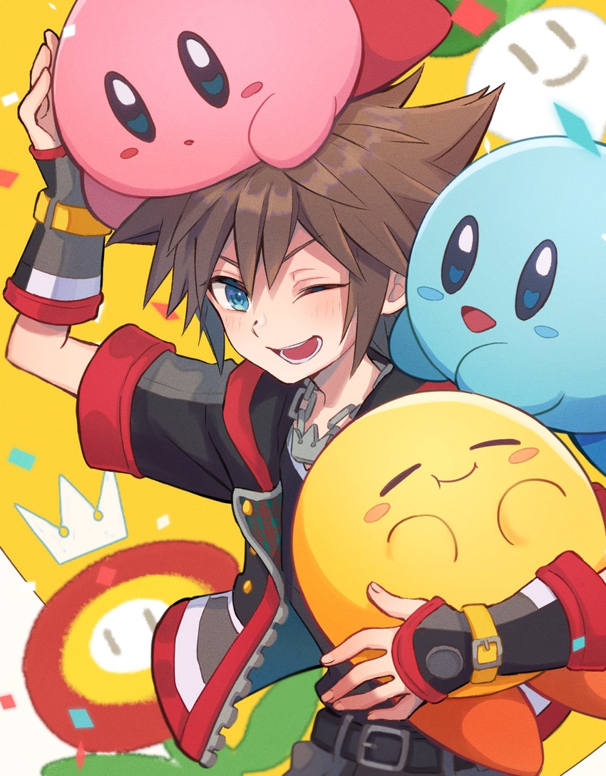 1boy blue_eyes blush brown_hair closed_eyes commentary fingerless_gloves fire_flower flower gloves highres hug jewelry kingdom_hearts kingdom_hearts_iii kirby kirby_(series) looking_at_viewer m1stm1 male_focus mario_(series) necklace one_eye_closed open_mouth short_hair simple_background smile sora_(kingdom_hearts) spiked_hair super_smash_bros. symbol-only_commentary