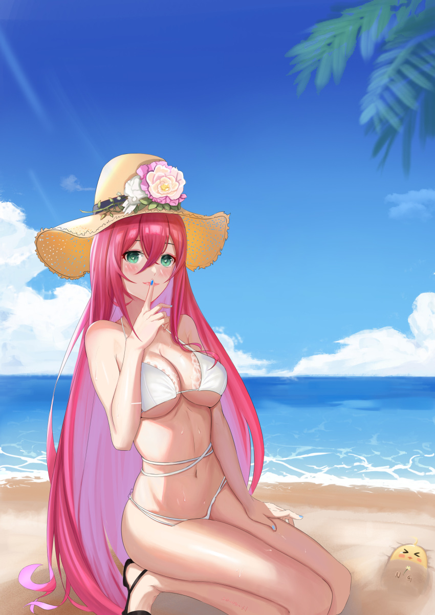 >_< absurdres azur_lane beach bikini black_footwear blue_nails blue_sky breasts cloud cloudy_sky day female finger_to_mouth flower full_body green_eyes hat hat_flower heart heart-shaped_pupils highres large_breasts long_hair looking_at_viewer manjuu_(azur_lane) multiple_straps nail_polish nanqizizhou official_alternate_costume outdoors purple_hair sand sky solo straw_hat summer surcouf_(azur_lane) surcouf_(loisirs_balneaires)_(azur_lane) swimsuit symbol-shaped_pupils very_long_hair white_bikini