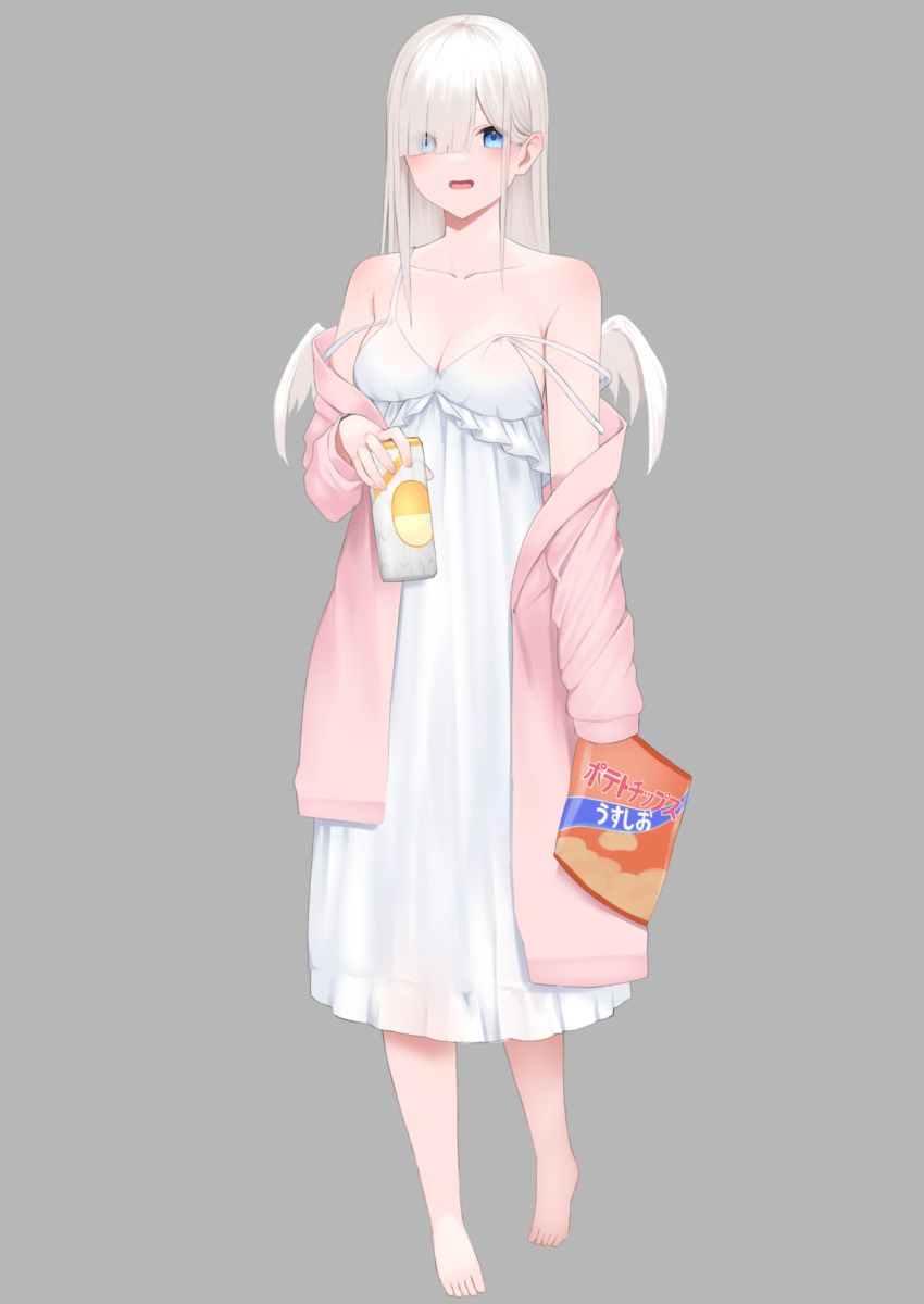 bag bag_of_chips bare_shoulders barefoot blue_eyes blush breasts can cleavage collarbone commentary_request dress eyes_visible_through_hair feathered_wings female full_body grey_background hair_over_one_eye hashiko_nowoto highres holding holding_bag holding_can jacket long_hair long_sleeves medium_breasts mini_wings off_shoulder open_clothes open_jacket open_mouth original pink_jacket see-through simple_background sleeveless sleeveless_dress solo standing strap_slip white_dress white_hair white_wings wings