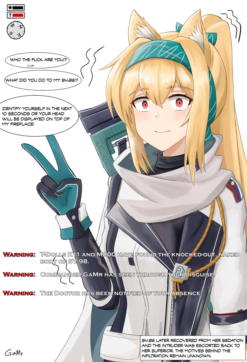 among_us animal_ear_fluff animal_ears arknights artist_name black_bodysuit blonde_hair bodysuit bolt_action bow cat_ears closed_mouth crewmate_(among_us) english_text female gamryous girls'_frontline gloves green_bow green_hairband gun hairband hairbow health_bar highres hitman_(game) jacket light_blush long_hair looking_at_viewer multicolored_clothes multicolored_gloves oerba_yun_fang ponytail red_eyes rifle russian_flag sanpaku scarf simple_background skin_fang sniper_rifle solo sora_(arknights) sv-98 sv-98_(girls'_frontline) sv-98_(mod3)_(girls'_frontline) turtleneck upper_body v weapon white_background white_jacket white_scarf