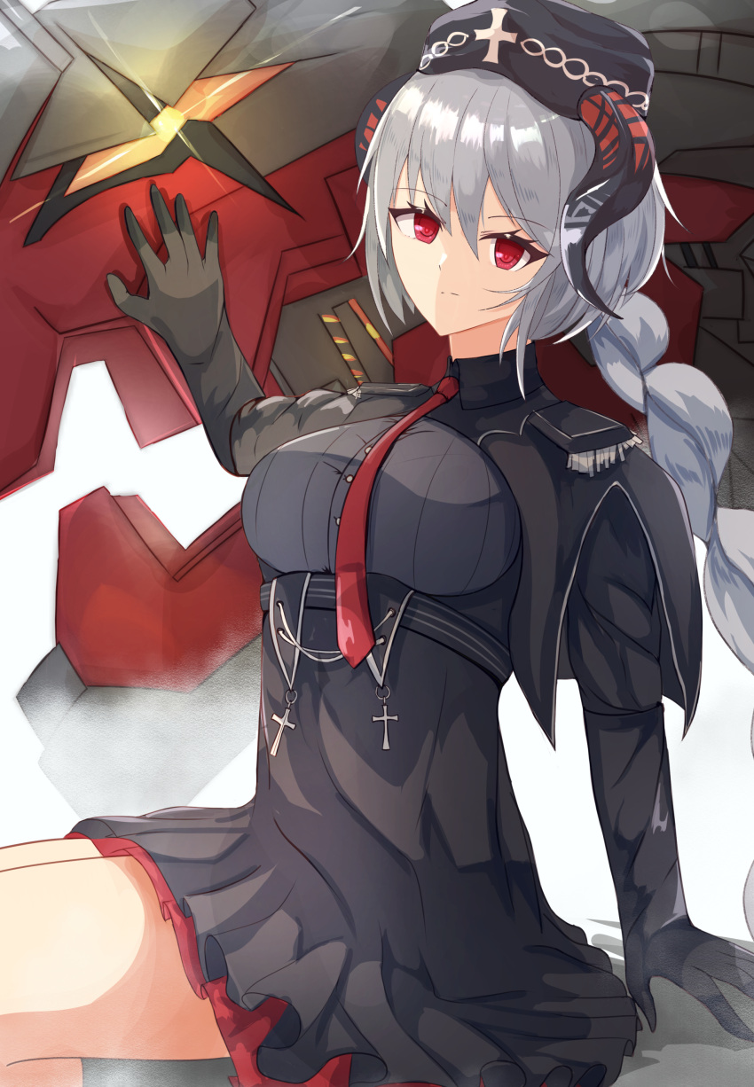 absurdres arm_support azur_lane black_dress black_gloves black_headwear braid braided_ponytail breasts closed_mouth dress female gloves grey_hair hane_(feathe02) highres horns long_hair looking_at_viewer medium_breasts necktie nuernberg_(azur_lane) red_eyes red_necktie simple_background sitting solo