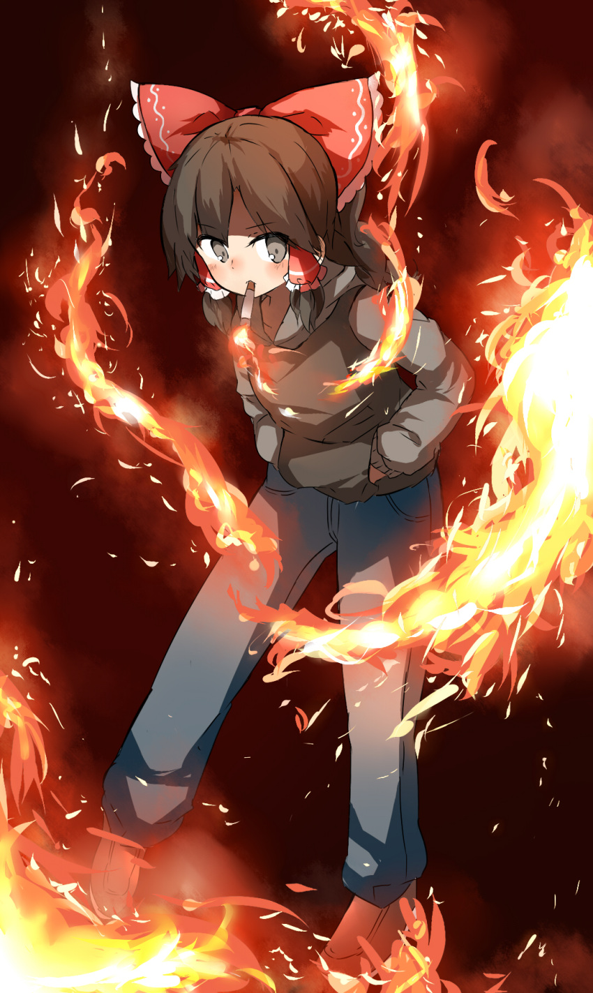 black_eyes black_hoodie blue_pants blush bow brown_footwear brown_hair cigarette commentary_request cookie_(touhou) denim eyes_visible_through_hair female fire frilled_bow frills full_body hairbow hakurei_reimu hands_in_pockets highres hood hoodie jeans looking_to_the_side maru_(cookie) pants red_bow shoes short_hair smoke smoking solo touhou yumekamaborosh