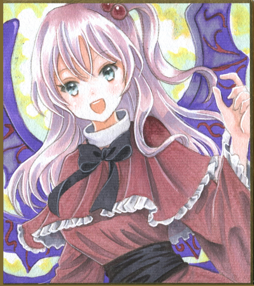 black_bow black_bowtie black_sash blue_eyes bow bowtie breasts capelet commentary_request demon_wings dress dutch_angle female frilled_capelet frilled_sleeves frills grey_hair hair_bobbles hair_ornament hajike_akira highres long_hair long_sleeves looking_at_viewer medium_breasts multiple_wings one_side_up open_mouth photo_(medium) pink_hair purple_wings red_capelet red_dress sash shinki_(touhou) sidelocks solo teeth touhou touhou_(pc-98) traditional_media turtleneck upper_teeth_only very_long_hair wide_sleeves wings