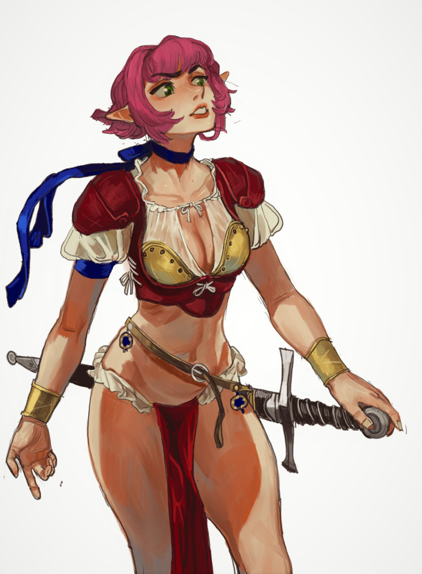 armor belt blue_choker bracer breasts brown_belt cala choker cleavage female green_eyes highres holding holding_sword holding_weapon medium_breasts mossacannibalis navel parted_lips pauldrons pelvic_curtain pink_hair pointy_ears ribbon_choker short_hair shoulder_armor simple_background solo standing sword viper viper_rsr weapon white_background