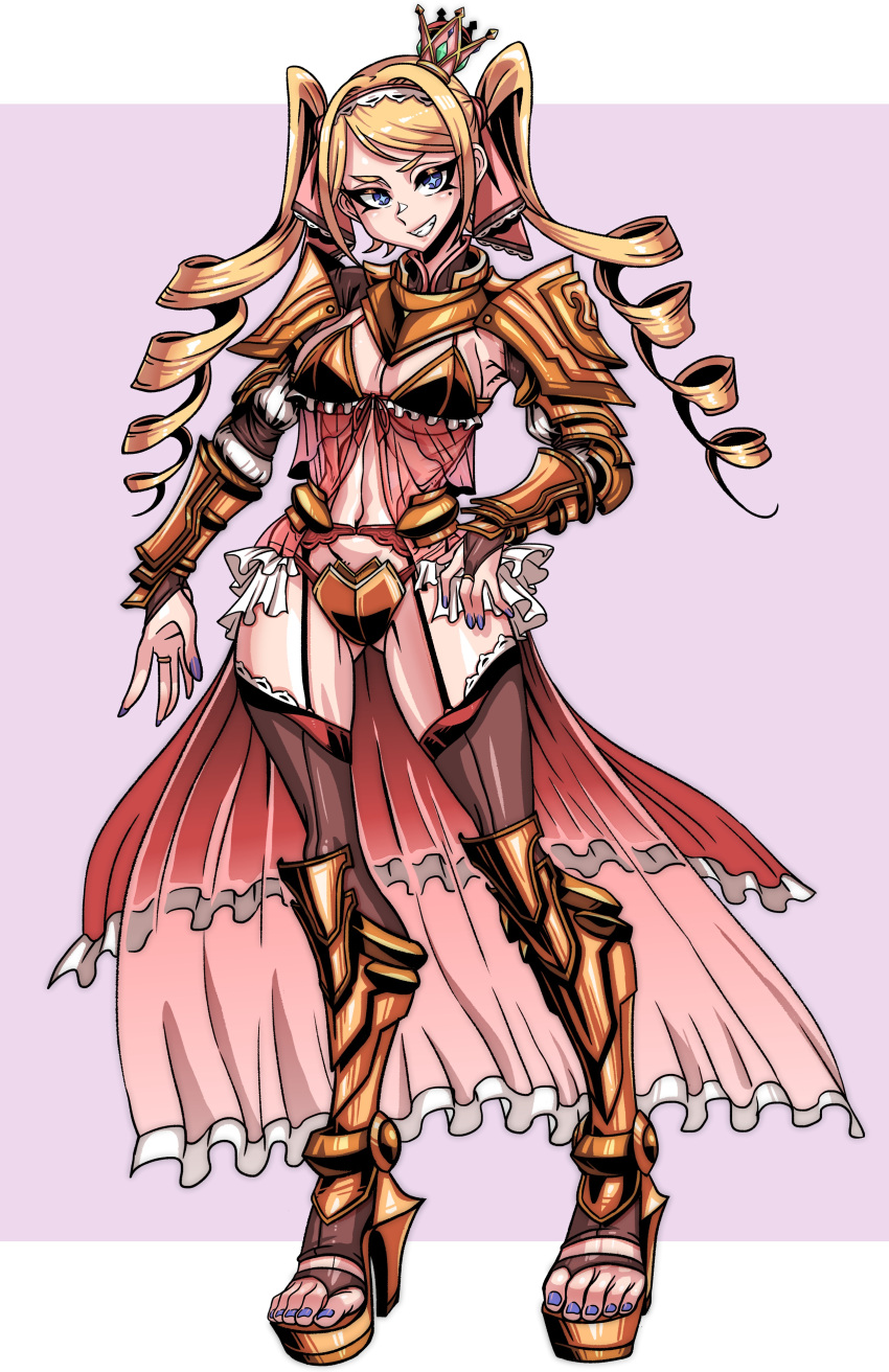 absurdres armor babydoll bikini_armor black_thighhighs blonde_hair blue_eyes breasts cleavage commission crop_top drill_hair female full_body ga320aaa gauntlets greaves grin hairband hand_on_own_hip high_heels highres long_hair looking_at_viewer mole mole_under_eye nail_polish navel original pauldrons pixiv_commission purple_nails shoulder_armor smile solo thighhighs toeless_footwear toenail_polish toenails twin_drills